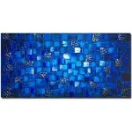 MyArton Thick Textured Abstract Squares Canvas Wall Art Hand Painted Artwork Modern Dark Blue add Silver Oil Painting for Home Decor Framed Ready to Hang 48x24inch