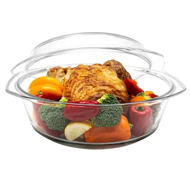 Simax Round Glass Casserole Dish: Clear Glass Round Casserole Dish with Lid and Handles - Covered Bowl for Cooking, Baking, Serving, etc. - Microwave, Dishwasher, and Oven Safe Cookware  3.5 Quart