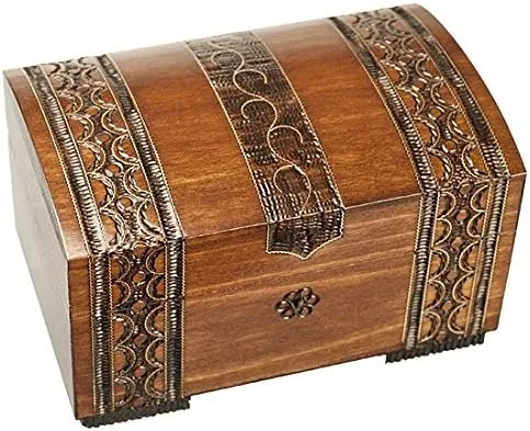 Polish Handmade Wooden Brass Clad Chest Jewelry Keepsake Box w/ Lock and Key