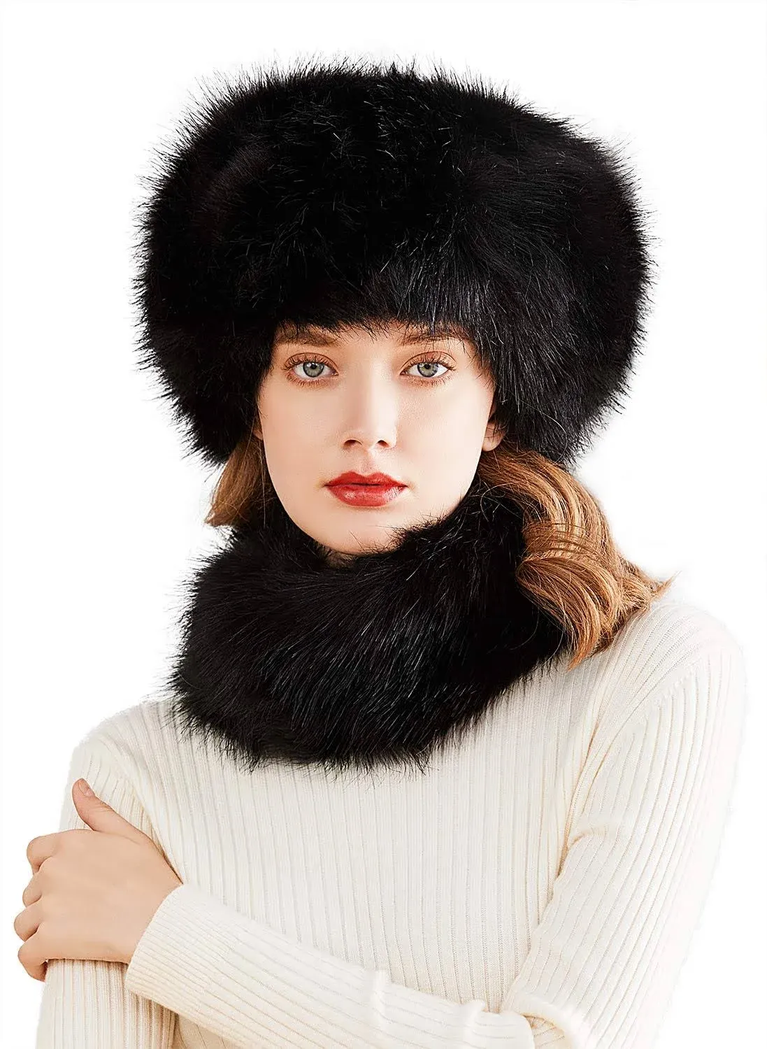 Lovful Faux Fur Women Russian Cossack Style Hat,Scarf Set for Ladies