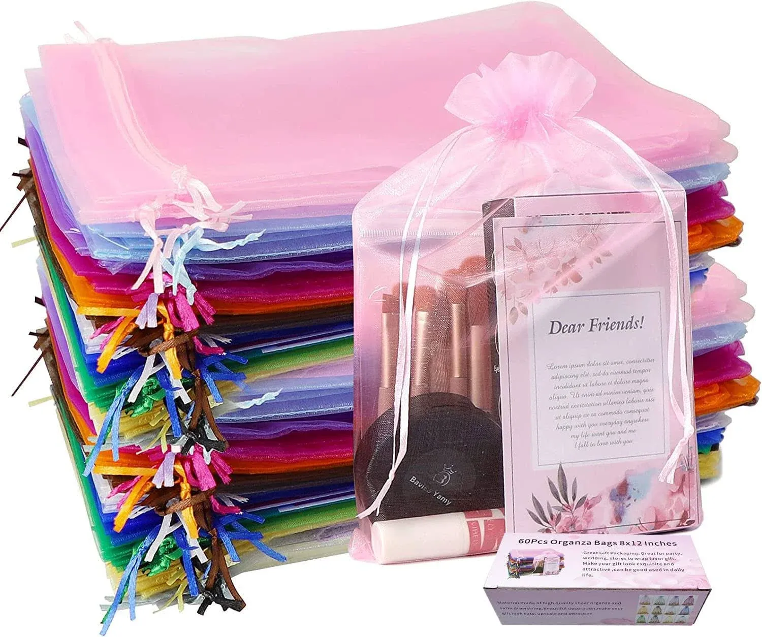 Daszui 60Pcs Organza Bags 8x12 Inches Mixed Color with Drawstring Favor Bags, Jewelry for Wedding Parties Party, Toy Candy, Christmas Favor Gift Bags (8x12 inches, Mixed Color)