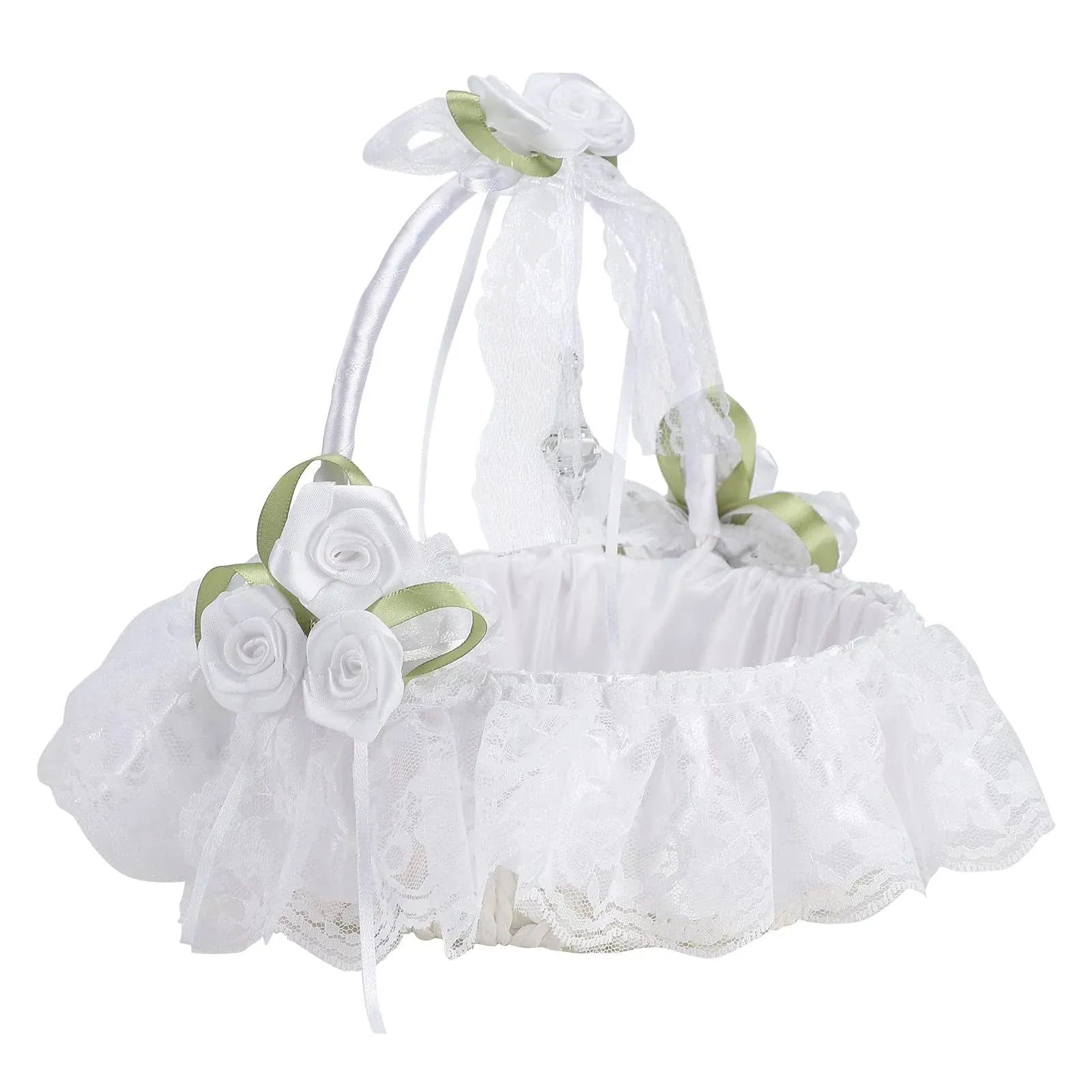 Ivory Flower Girl Baskets for Weddings, Flower Girl Basket Decorated with Lace, Satin Flowers and Artificial Crystal, Large Wedding Baskets for Flower Girls - Swingable Handle (1pcs white) 1