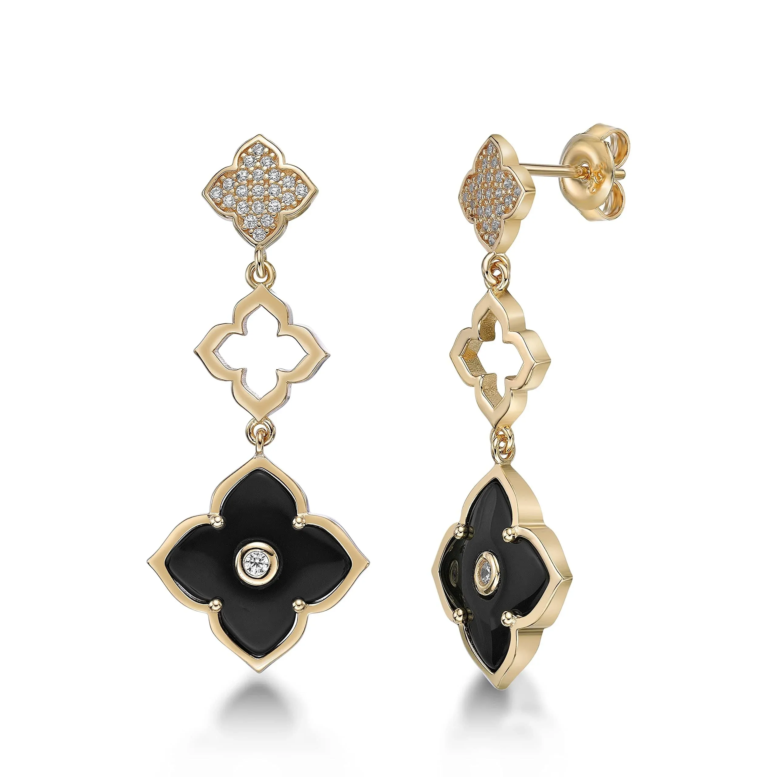 YELLOW SILVER FLOWER DANGLING EARRINGS BLACK ONYX