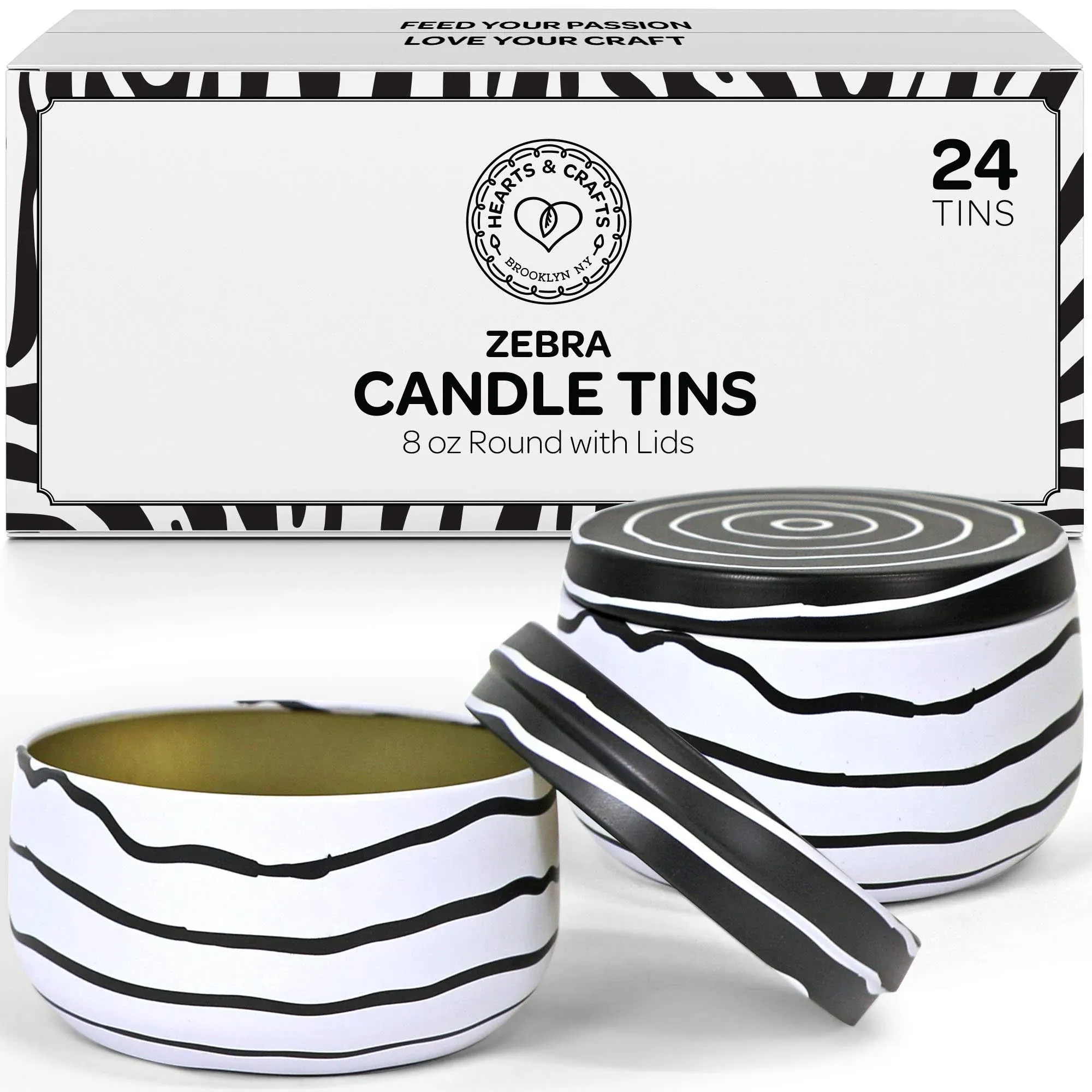 Hearts & Crafts Zebra Candle Tins - Bulk 24-Pack of 8oz Metal Containers with Lids for Candle Making, DIY Projects, Storage, and Gifts - Heat Resistant Decorative Jars in Zebra Print - Black and White