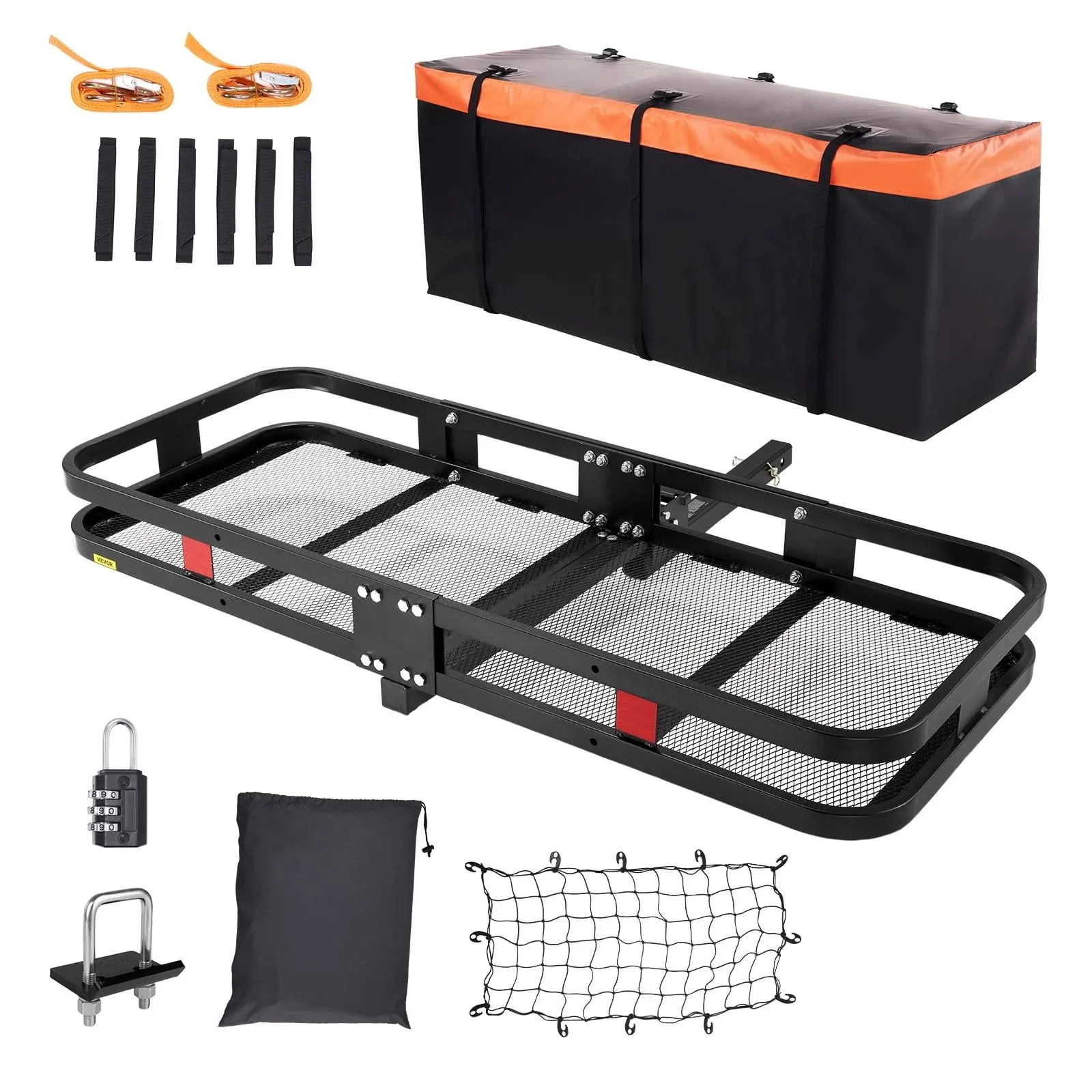 VEVOR 60x24x6 in Hitch Mount Cargo Carrier, 500lb Capacity Folding Trailer Hitch Cargo Basket & Waterproof Cargo Bag, Luggage Carrier Rack Fits 2"