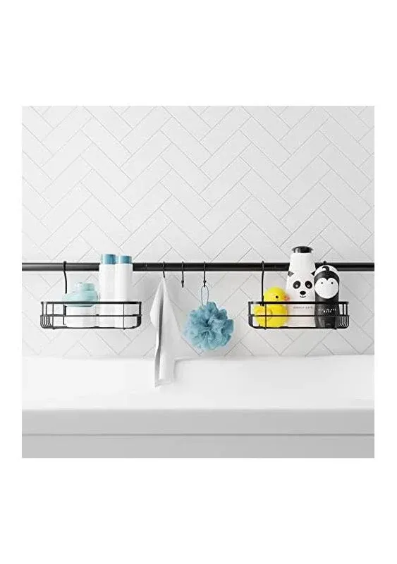 Zenna Home Bathroom Organizer Shower Caddy or Storage for Kitchen, Pantry, Closet, Kids Toys, with 2 Baskets and 3 Hooks, Adjustable Tension Rod, No Drilling, Fits Spaces from 26” to 76”, Matte Black