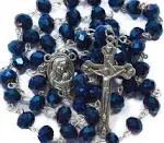 Blue Crystal Beads Necklace with Holy Soil Medal and Metal Cross Rosary New