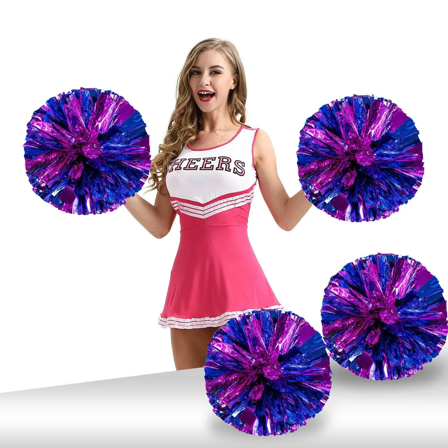 Pack of 4 Cheerleading Pom Poms Foil Plastic Metallic Cheerleader Pom Poms for Cheer Sport Kids Adults Team Spirit Cheering (Blue White)