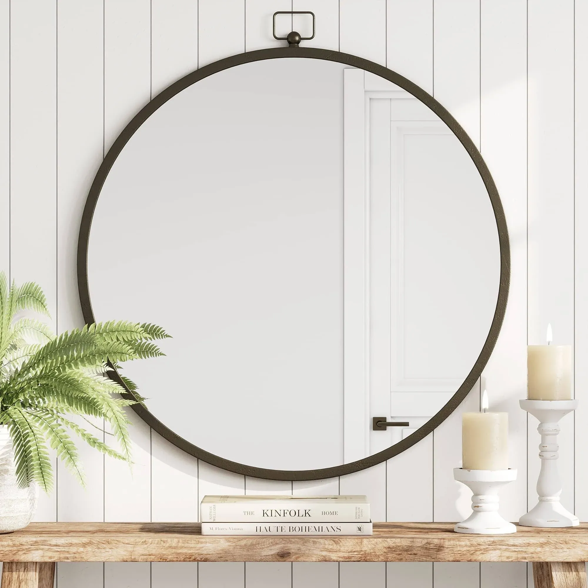 Barnyard Designs 30 inch Round Mirror, Bathroom Vanity Wall Mirrors, Circle Mirror for Desk, Metal Framed Bedroom Mirror, Iron Metal Grey