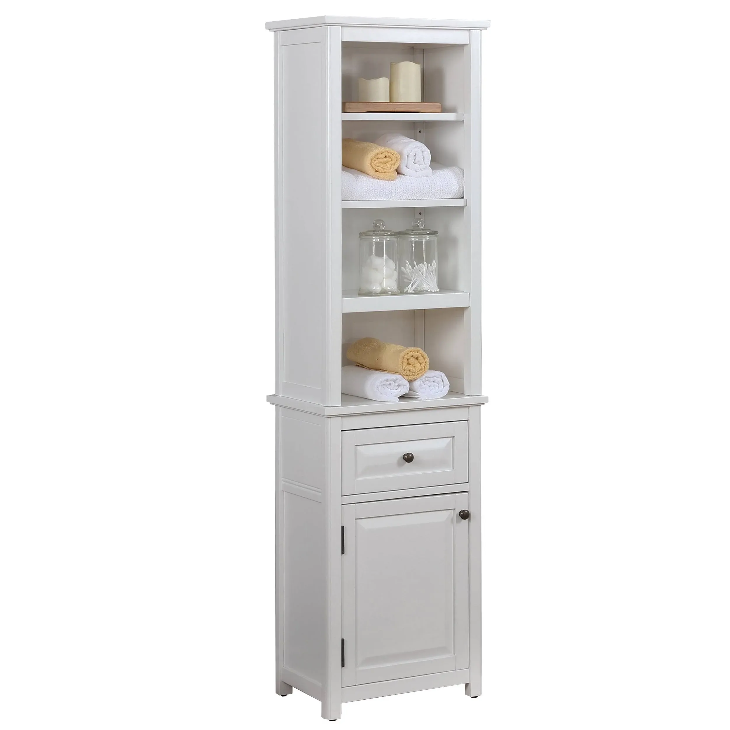 Alaterre Furniture Dorset Bathroom Storage Tower with Open Upper Shelves, Lower Cabinet and Drawer