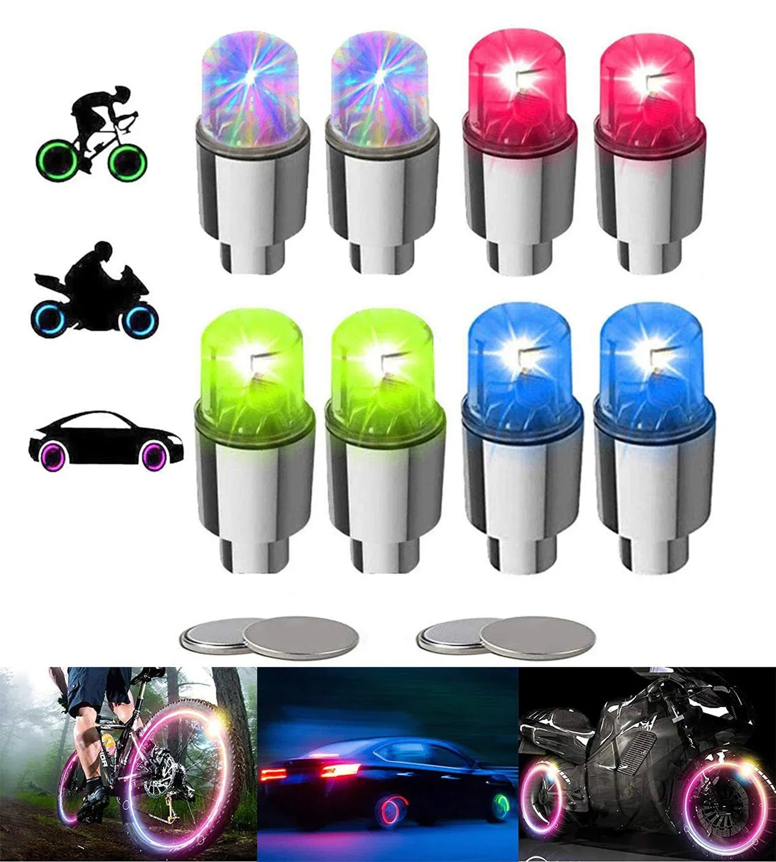 YUERWOVER 8 Pack LED Bike Wheel Lights Car Tire Valve Stems Caps Bicycle Moto...