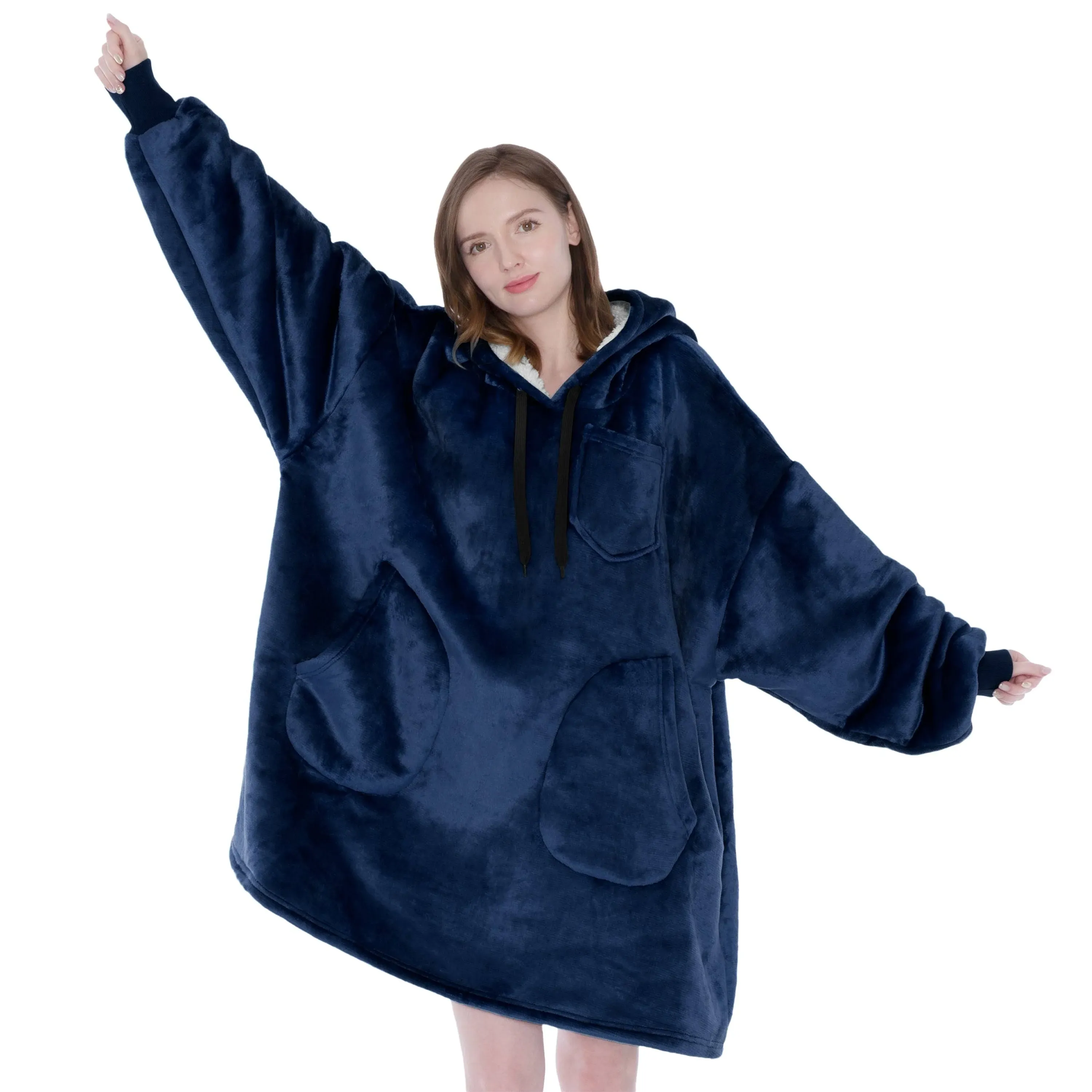 PAVILIA Blanket Hoodie for Women Navy, Sherpa Wearable Blanket Men, Cozy Oversized Sweatshirt Blanket, Warm Fleece Hooded Blanket Sweater with Sleeves