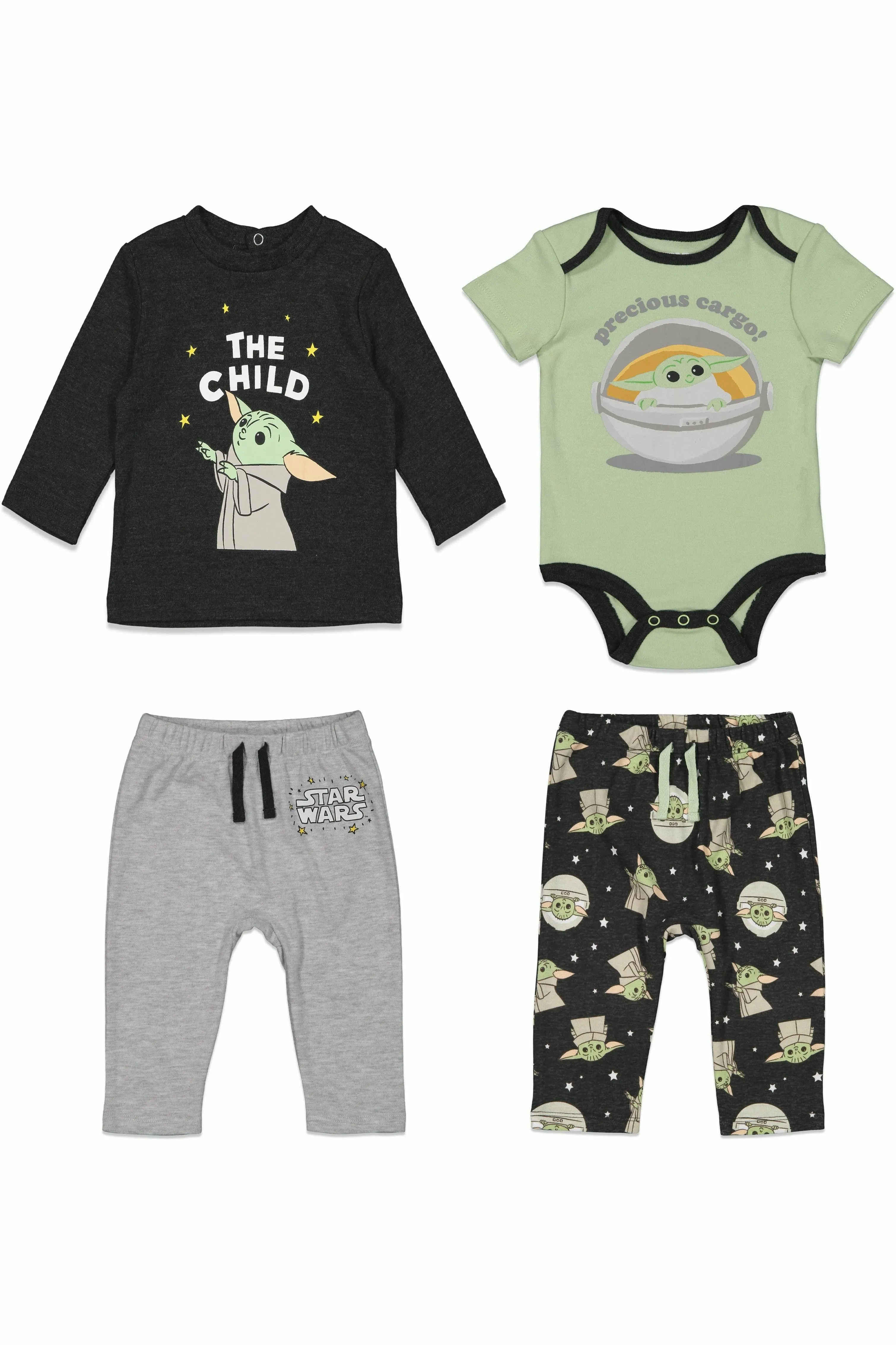 Star Wars The Child Newborn Baby Boys Mix N' Match Bodysuit Graphic T-Shirt and Pants 4 Piece Layette Set 0-3 Months