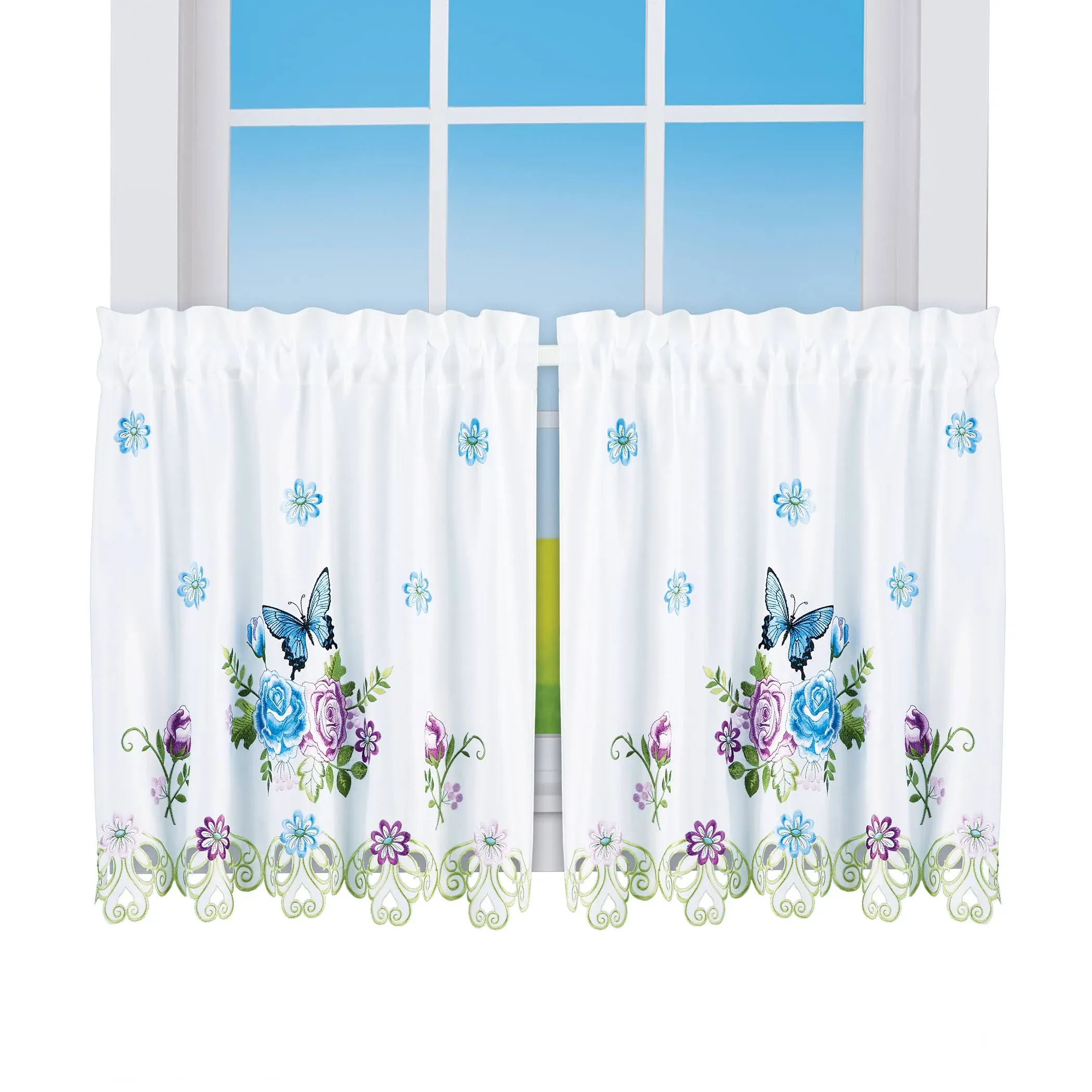 Collections Etc Beautiful Blue Butterfly Window Curtains with Cutout Border 24"L Tiers