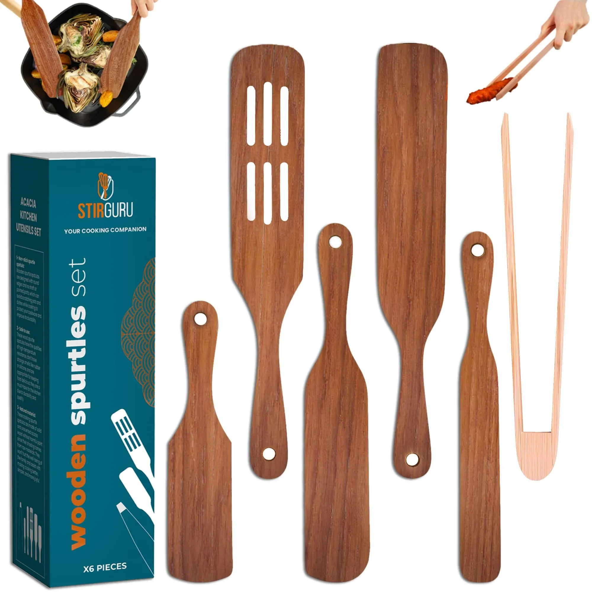 Stirguru Set Of 5 Wooden Spurtle Set + 1 Toaster Tong To Stir And Serve Like A -