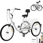 VEVOR Foldable Adult Tricycle 24 Wheels,7-Speed Trike, 3 Wheels Colorful Bike with Basket, Portable and Foldable Bicycle for Adults Exercise Shopping Picnic Outdoor Activities,White