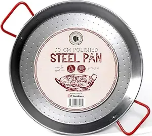 Gourmanity 15 inch Carbon Steel Paella Pan, 38cm Polished Steel Large Skillet From Spain, Great for Paella Parties Indoors, Outdoors, Camping & More, Imported Spanish Paellera, Made by Garcima