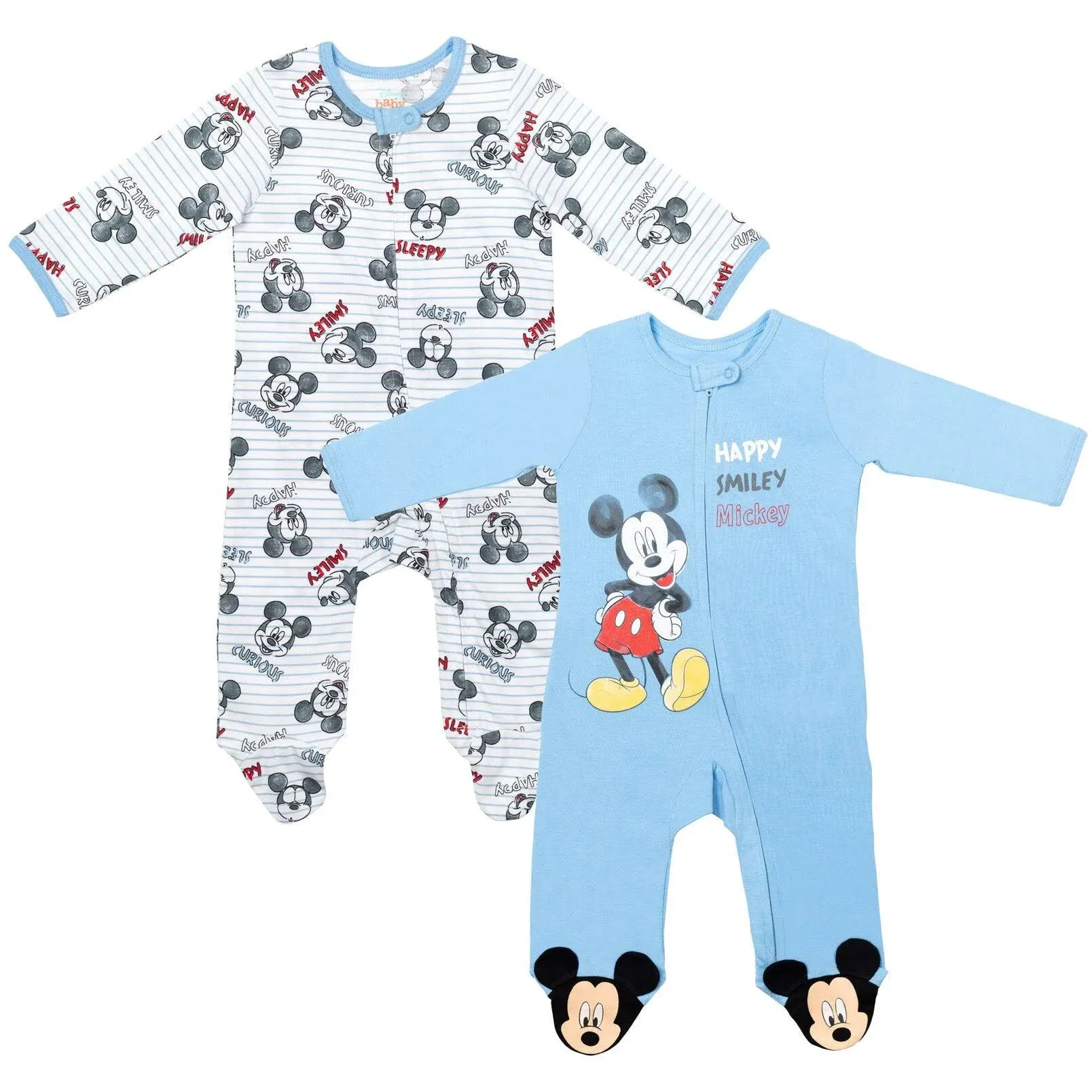 Disney Mickey Mouse Newborn Baby Boys 2 Pack Zip Up Sleep N' Play Coveralls Gray/Blue 0-3 Months