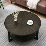 MODERION Round Coffee Table with Storage Shelf, Farmhouse Living Room Cocktail Table with Black Metal Legs, Circular Solid Wood Center Tea/ Sofa