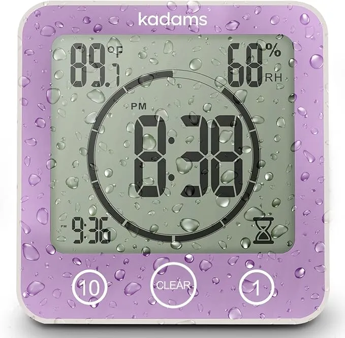 KADAMS Digital Bathroom Shower Kitchen Wall Clock Timer with Alarm, Waterproof for Water Spray, Touch Screen Timer, Temperature Humidity, Suction Cup Hanging Hole Stand - Purple