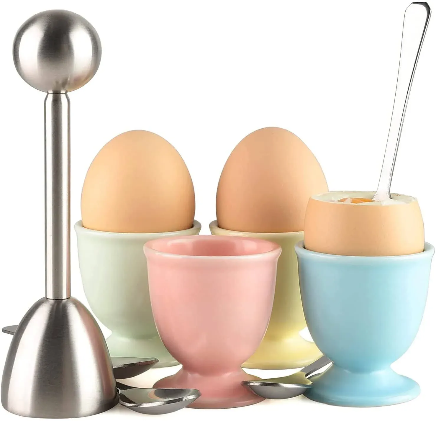 forkmannie Ceramic Egg Cup Egg Cracker Topper Set for Soft Hard Boiled Eggs Shell Removal Includes 1 Egg Cutter 4 Ceramic Egg Cups and 4 Spoons (Egg C