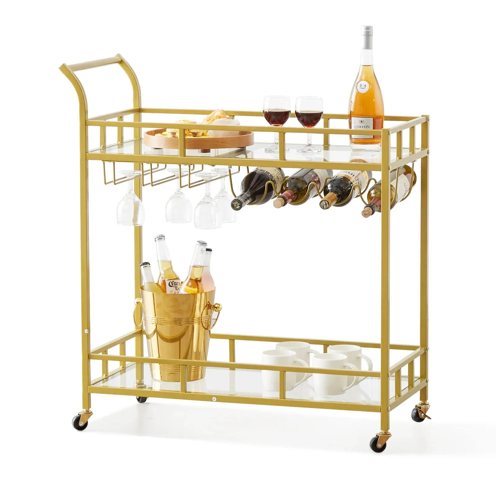 Bentism 2 Tiers Gold Metal Bar Serving Cart with Wine Rack Glass Holder 120 lbs, Size: 31 x 15