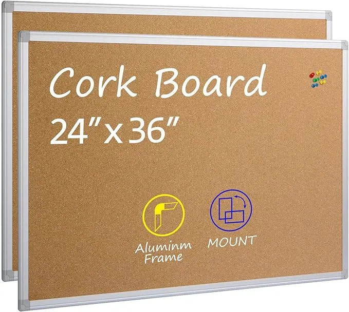 Board2by 2-Pack Cork Board Bulletin Board 24 x 36, Silver Aluminium Framed 2x3 Corkboard, Office Board for Wall Cork, Large Wall Mounted Notice Pin Board