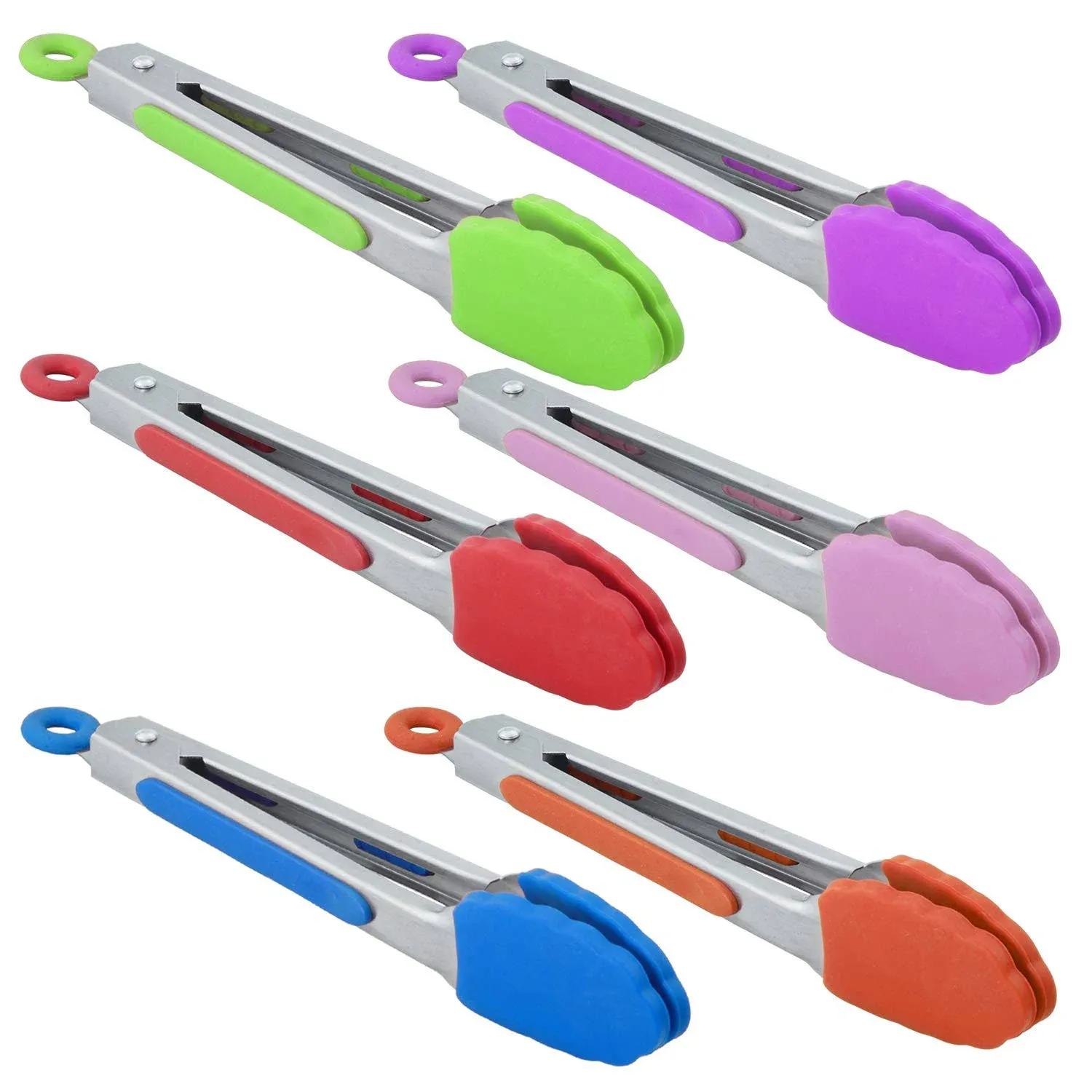 HINMAY Small Silicone Tongs Set 7-Inch Colorful Mini Tongs, Set of 6 (Green Red ...