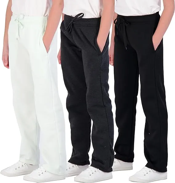 Real Essentials 3 Pack: Girls' Fleece Open Bottom Soft Athletic Performance Casual Sweatpants(Ages 7-16)