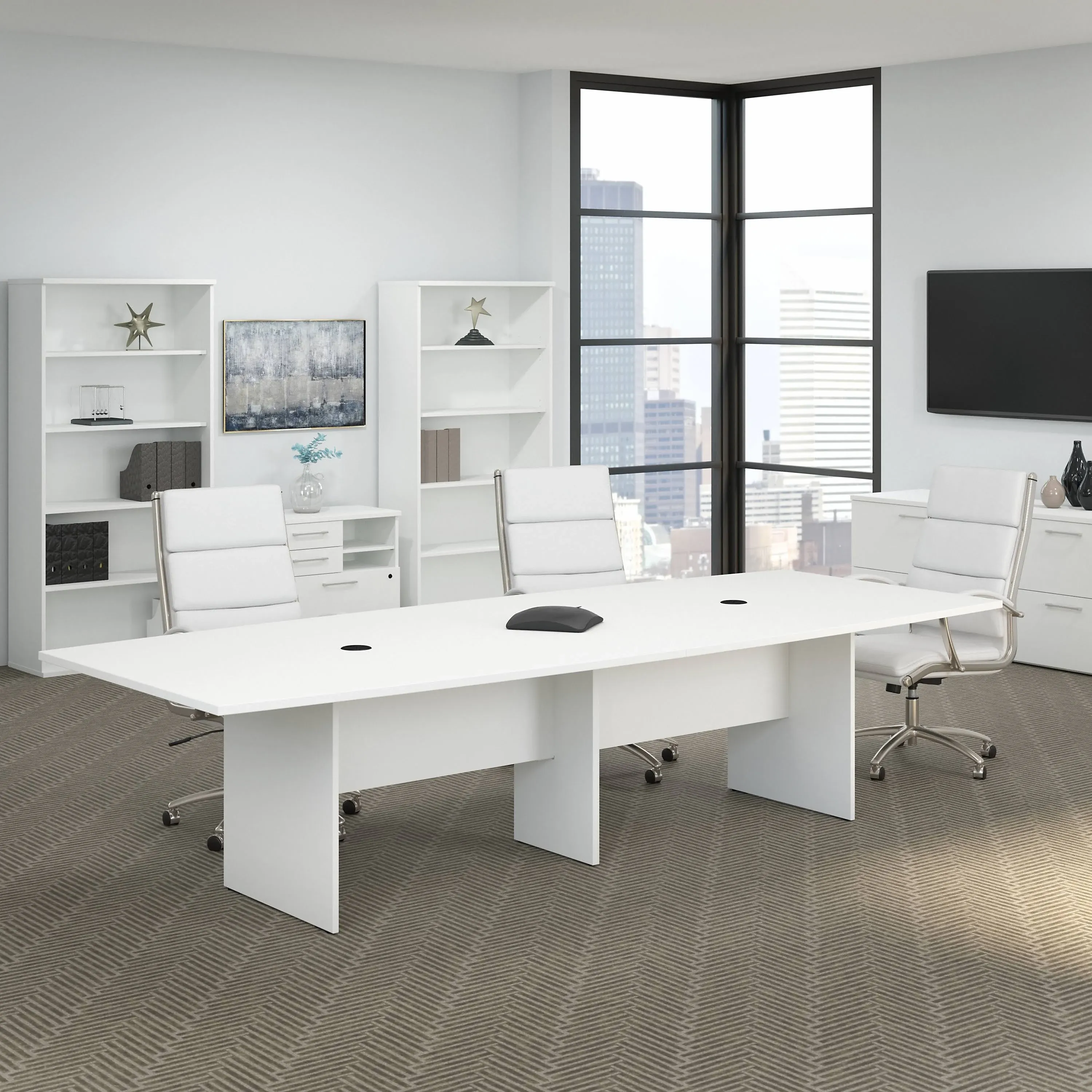 120W x 48D Conference Table with Wood Base in White - Engineered Wood