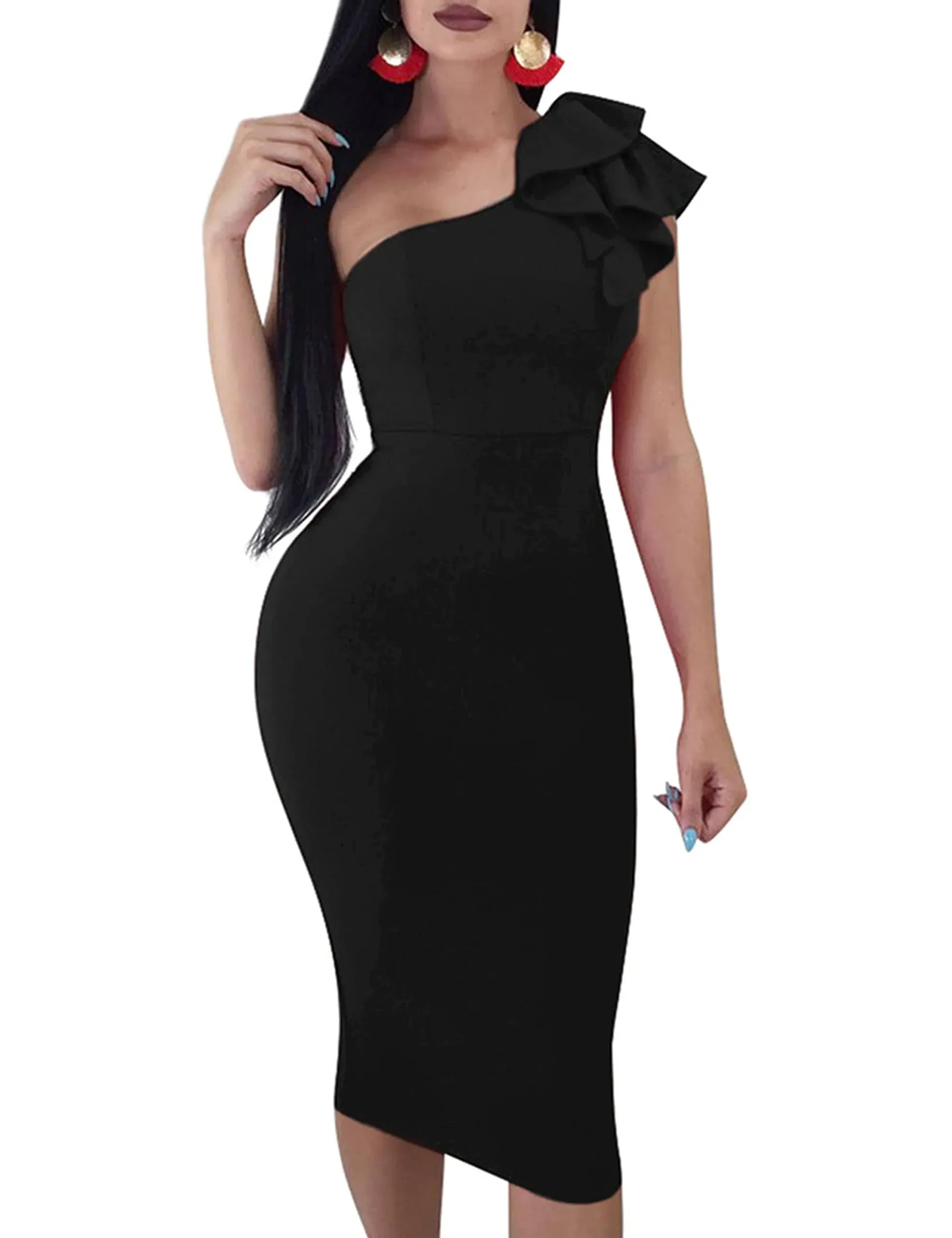 Mokoru Women's Sexy Ruffle One Shoulder Bodycon Elegant Cocktail Party Midi ...