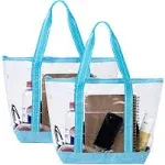 VENO 2 Packs Clear Tote Beach Bags for Woman w/Zipper & Shoulder Strap, Transparent Lunch Shopping Bag for Travel Stadium