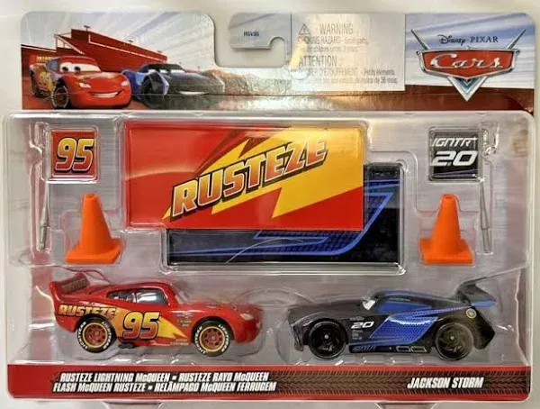 Disney Cars 2022 Fan-Favorite 2-Pack with Race Team Flags and Signs: (Rusteze