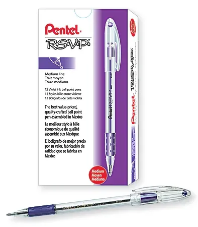 Pentel® R.S.V.P.® Ballpoint Pens, Medium Point, 1.0 mm, Clear Barrel, Violet Ink, Pack Of 12