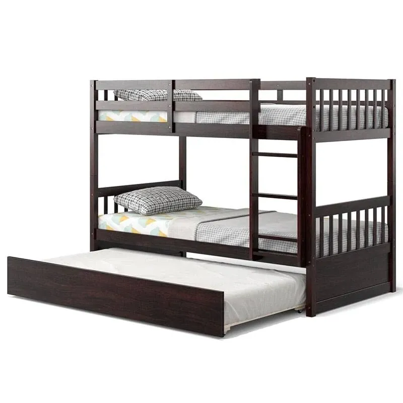 Twin Over Twin Bunk Bed with Pull-Out Trundle and Ladder-Espresso | Costway