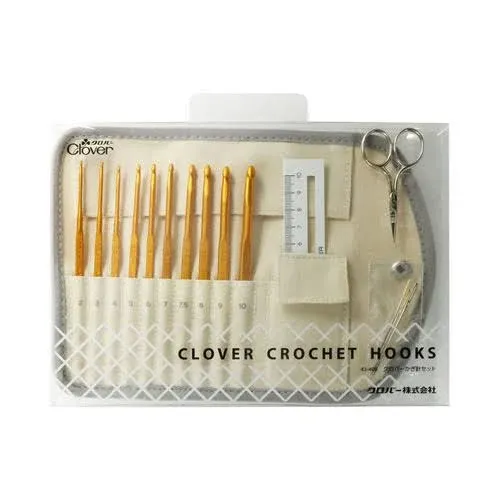 Clover Japan Crochet Hook Set 10 Hooks 3 Staples Mini Scissors Knit Gauge Case 43-405