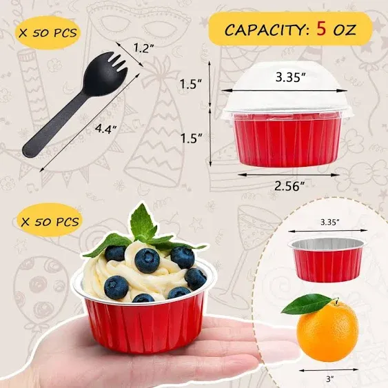 Red Cupcake Liners Muffin Tins 50 Pack,Free-Air 5oz Aluminum Foil Baking Cups with Lids,Disposable Ramekins Cupcake Pans,Jumbo Muffin Liners Cupcake Cups for Custard Mini Pie,with 50 Spoons-Red