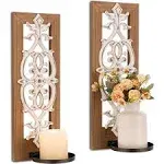 Rustic Wood Candle Sconces Wall Decor, Farmhouse Wall Candle Holder Decorative Carved Brown Candle Sconce(Set of 2)