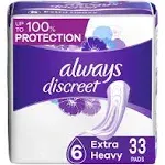 Always Discreet Incontinence Pads for Women and Postpartum Pads, Extra Heavy, 33 CT, up to 100% Bladder Leak Protection