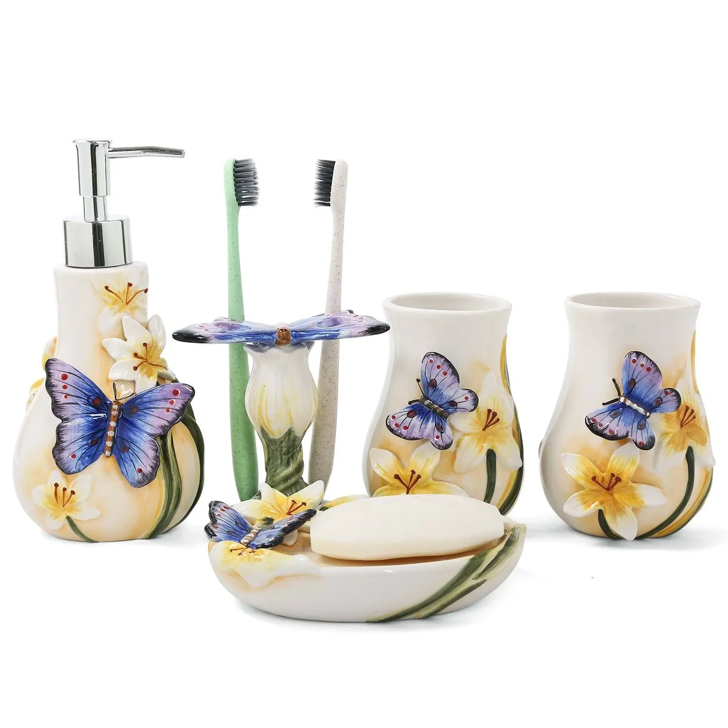 FORLONG Ceramic Bathroom Accessory Set Dancing Butterfly 5 