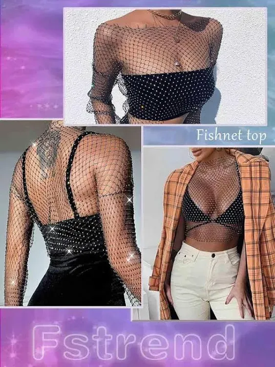 Fstrend Mesh Body Chains Crystal Long Sleeve Fishnet Crop Tops Rhinestone See ...