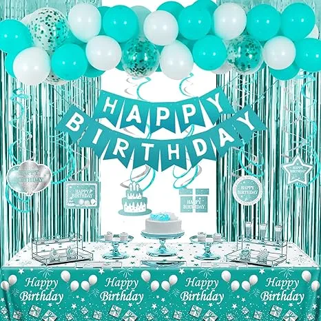 Birthday Decorations Girls Teal Happy Birthday Balloons for Women Birthday Party Decor for 10th 13th 16th 18th 20th 21st 25th 30th 35th 40th 50th 60th with Rain Curtains Tablecloth Swirl Pendants