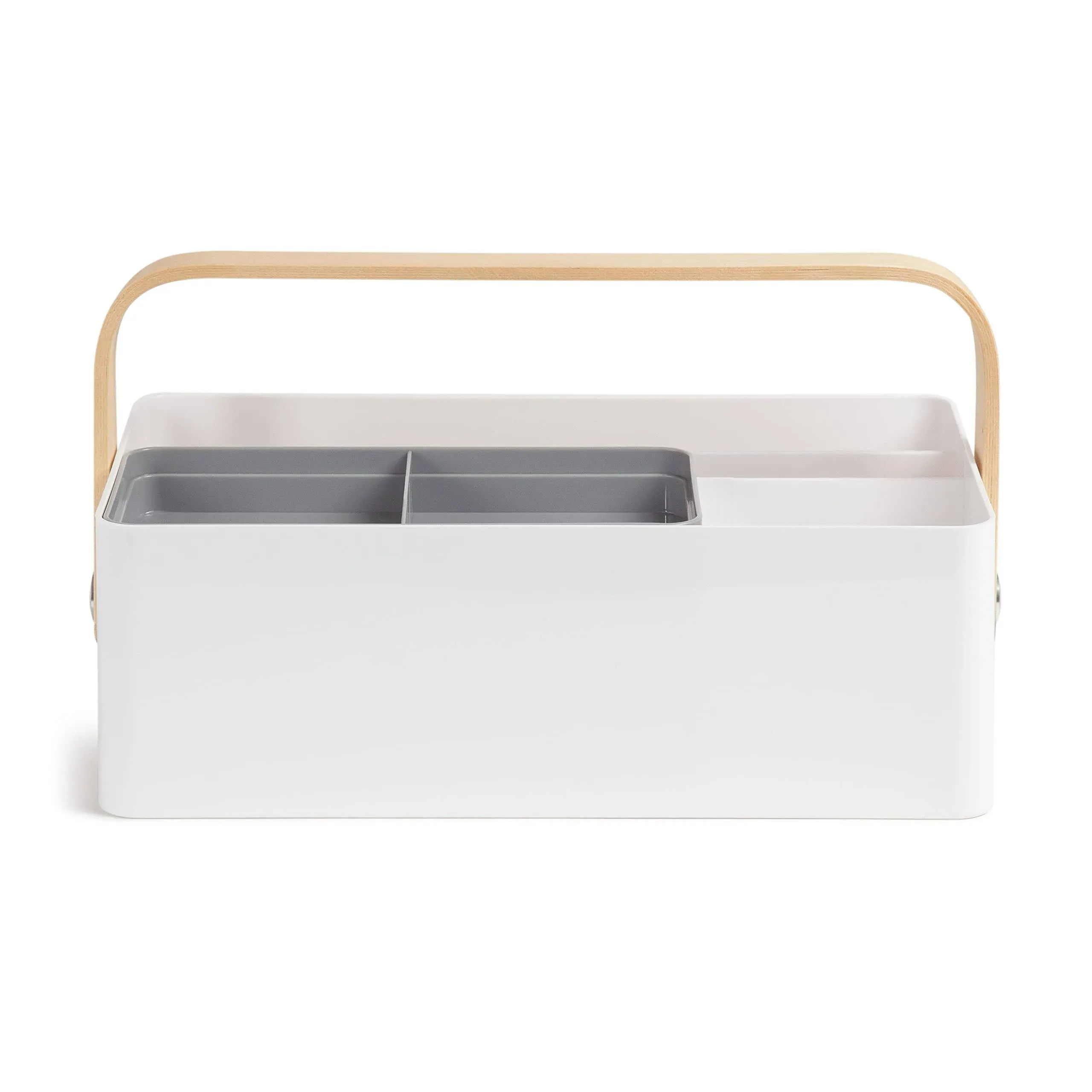 U Brands Mod Caddy Desktop Organizer, Office Supplies, White, with Removable Tray, Poplar Handle, 12.36” x 6.93” x 3.93”