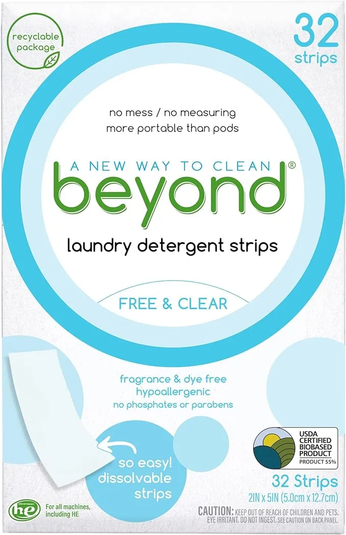 Beyond Laundry Detergent Strips [32 strips] - Free & Clear - Eco-friendly, Hypoallergenic. Travel friendly. Dissolvable Strips.