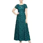 Alex Evenings Women's Long Rosette Lace Cap Sleeve Gown