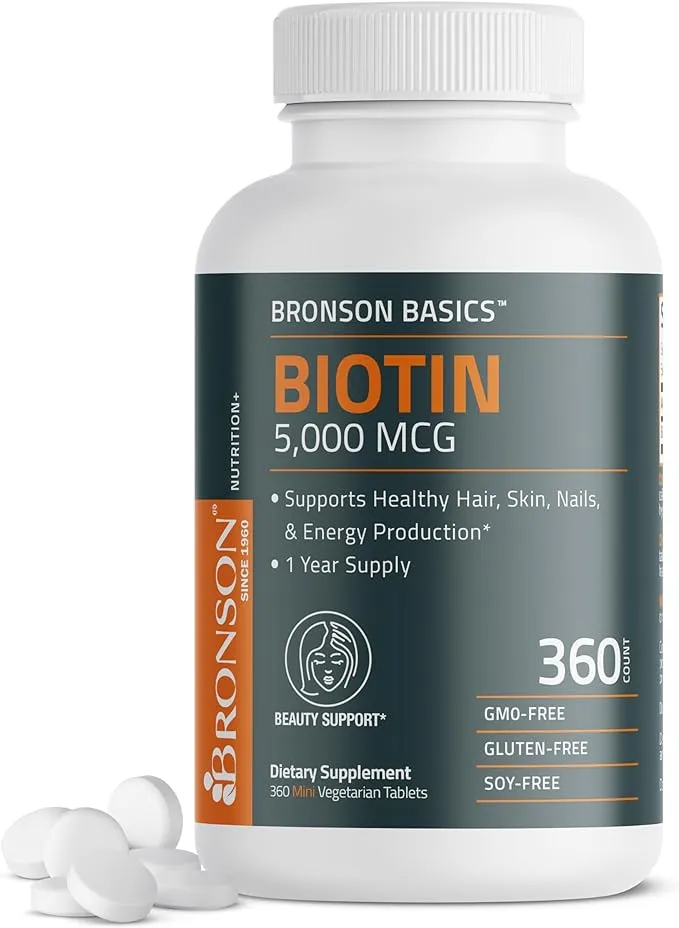 Bronson Biotin 5,000 MCG Supports Healthy Hair, Skin & Nails & Energy Production - High Potency Beauty Support - Non-GMO, 360 Vegetarian Tablets