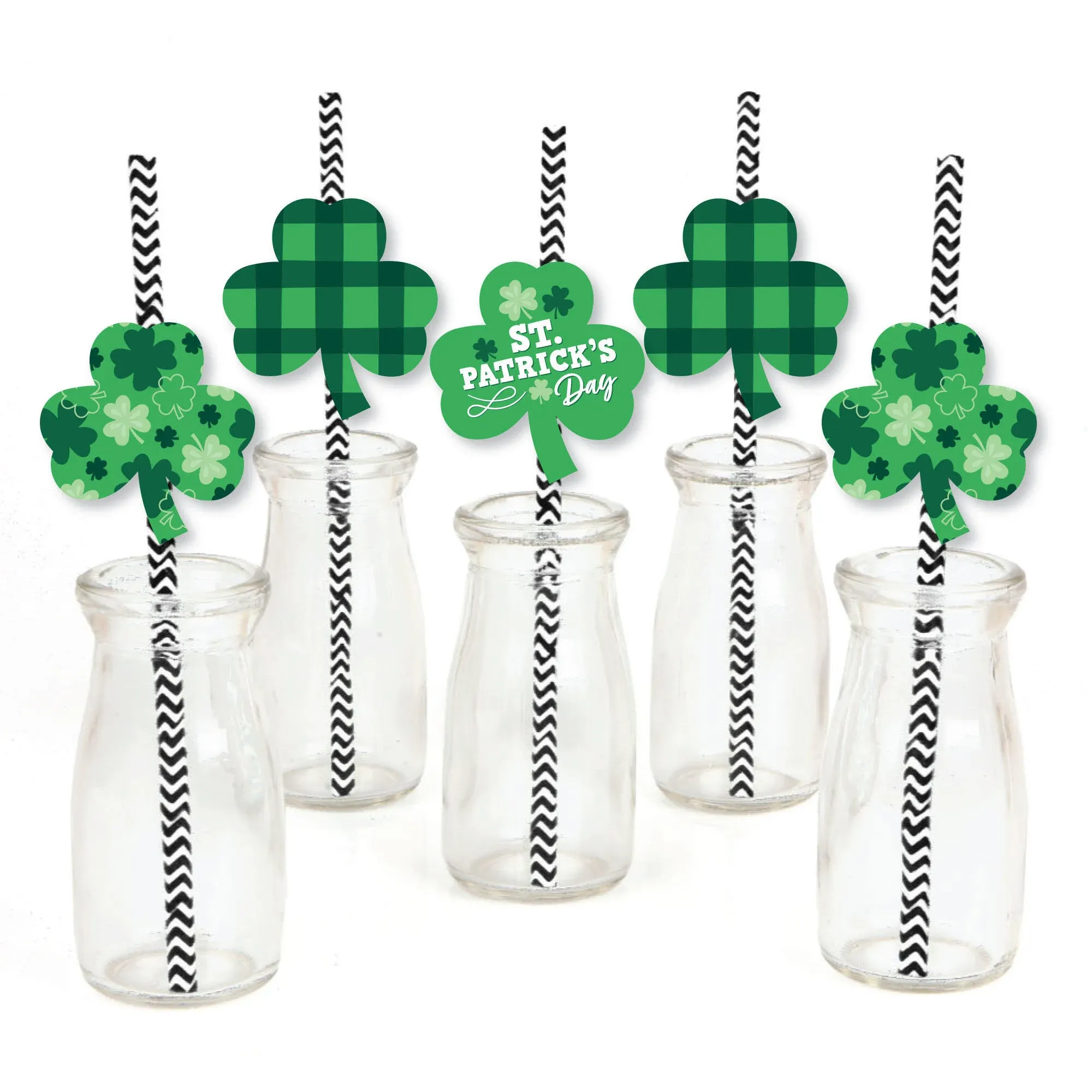 Big Dot of Happiness - Shamrock St. Patrick's Day - Paper Straw Decor - Saint Patty's Day Party Striped Decorative Straws - Set of 24