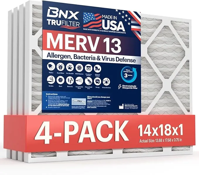 BNX TruFilter 14x18x1 MERV 13 (4-Pack) AC Furnace Air Filter - MADE IN USA - ...