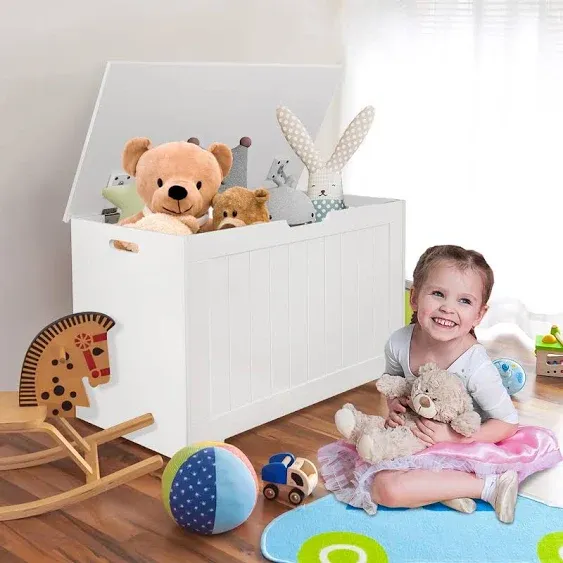 30 Inch Toy Chest Wooden Storage Bench 150L Toy Box Blanket Chests Trunks Foot Rest Seat for Bedroom Living Room Entry White