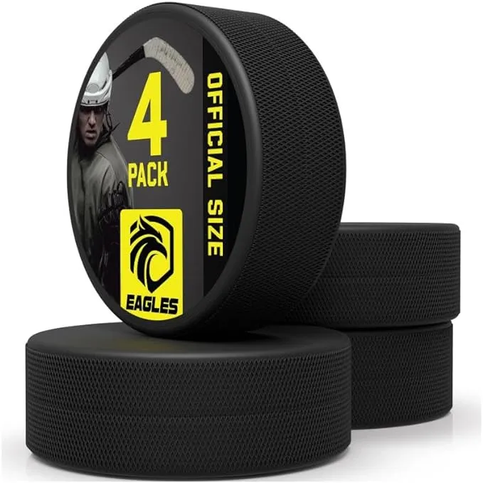 EAGLES Ice Hockey Pucks | 4/6 Pcs High Grade Pucks - Official Regulation Weight & Size for Practice & Classic Training - 6oz Diameter 3" Thickness 1" Black Hockey Puck | Roller Hockey